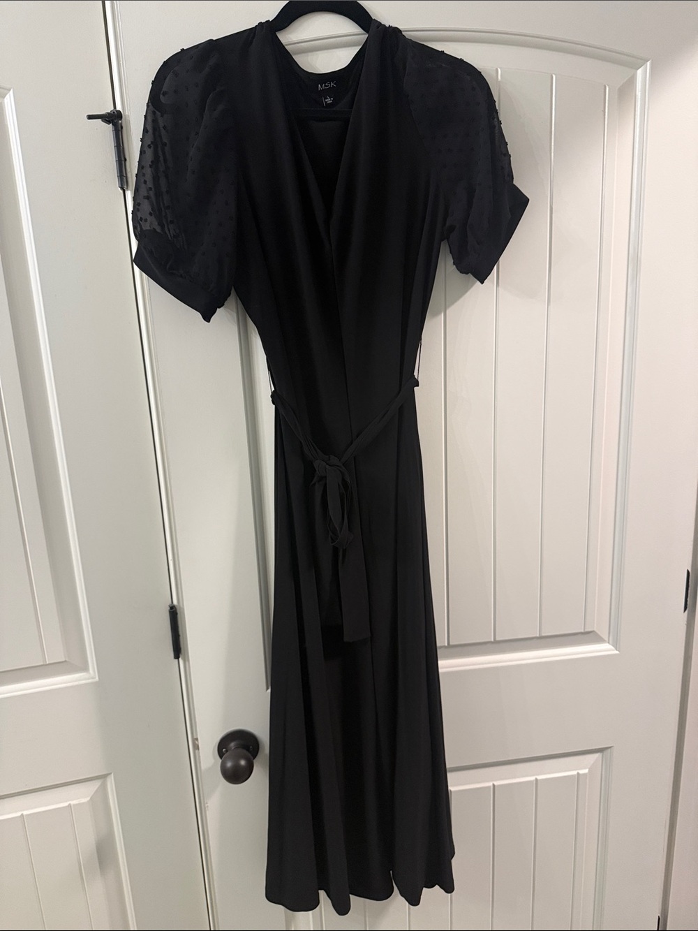 MSK Black Midi Wrap Dress with Sheer Dot Puff Sleeves
